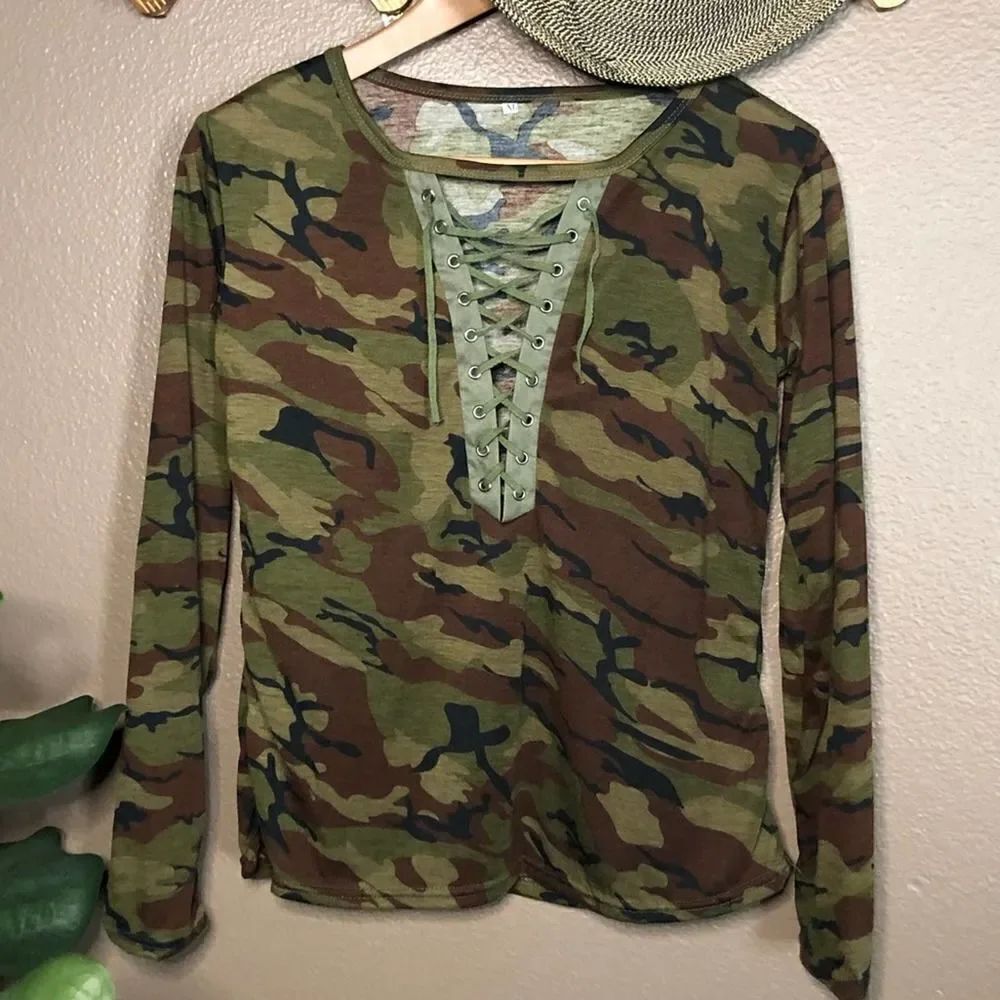 Camo Lace Up Long Sleeve Top